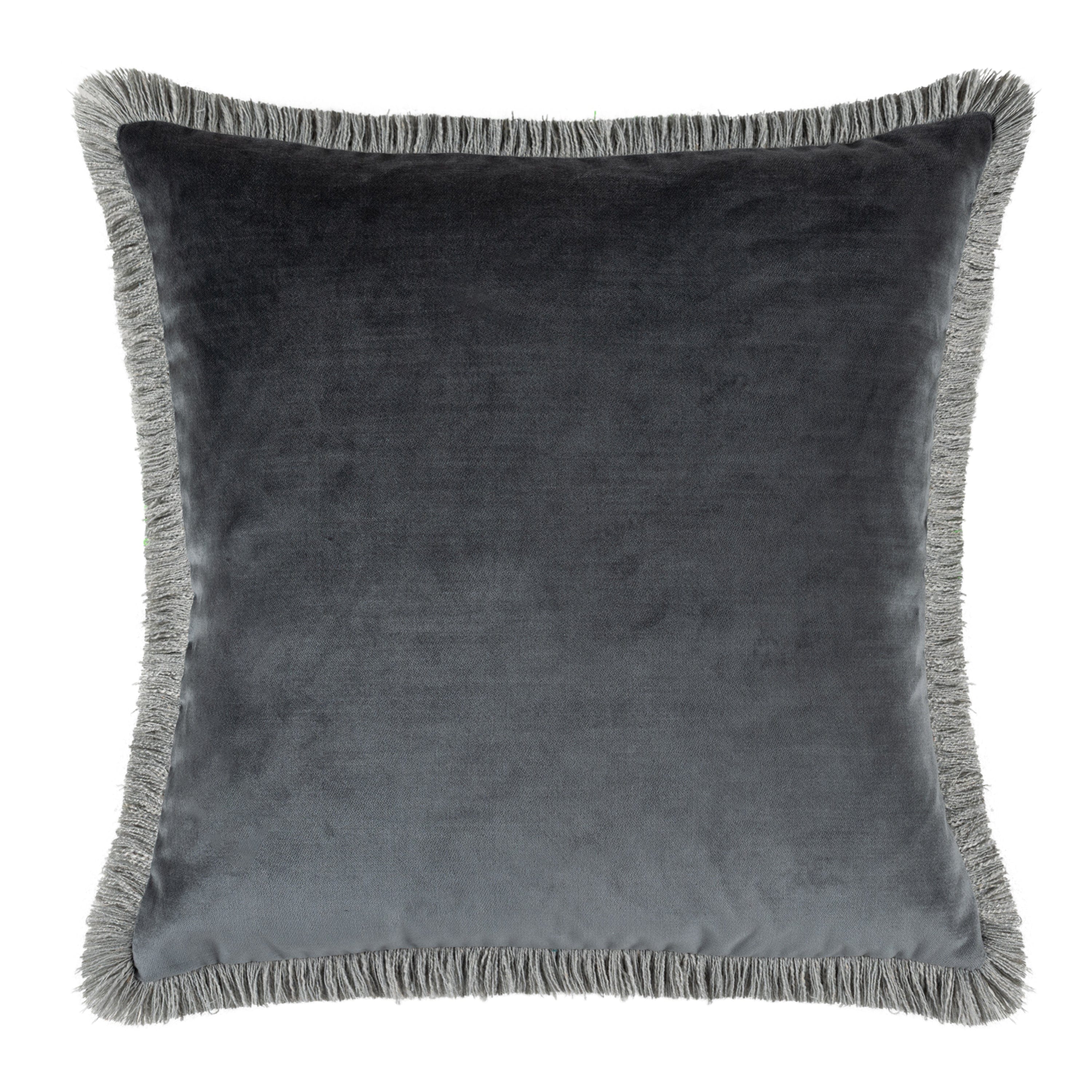 Slate blue velvet pillow with frayed edges on a white background