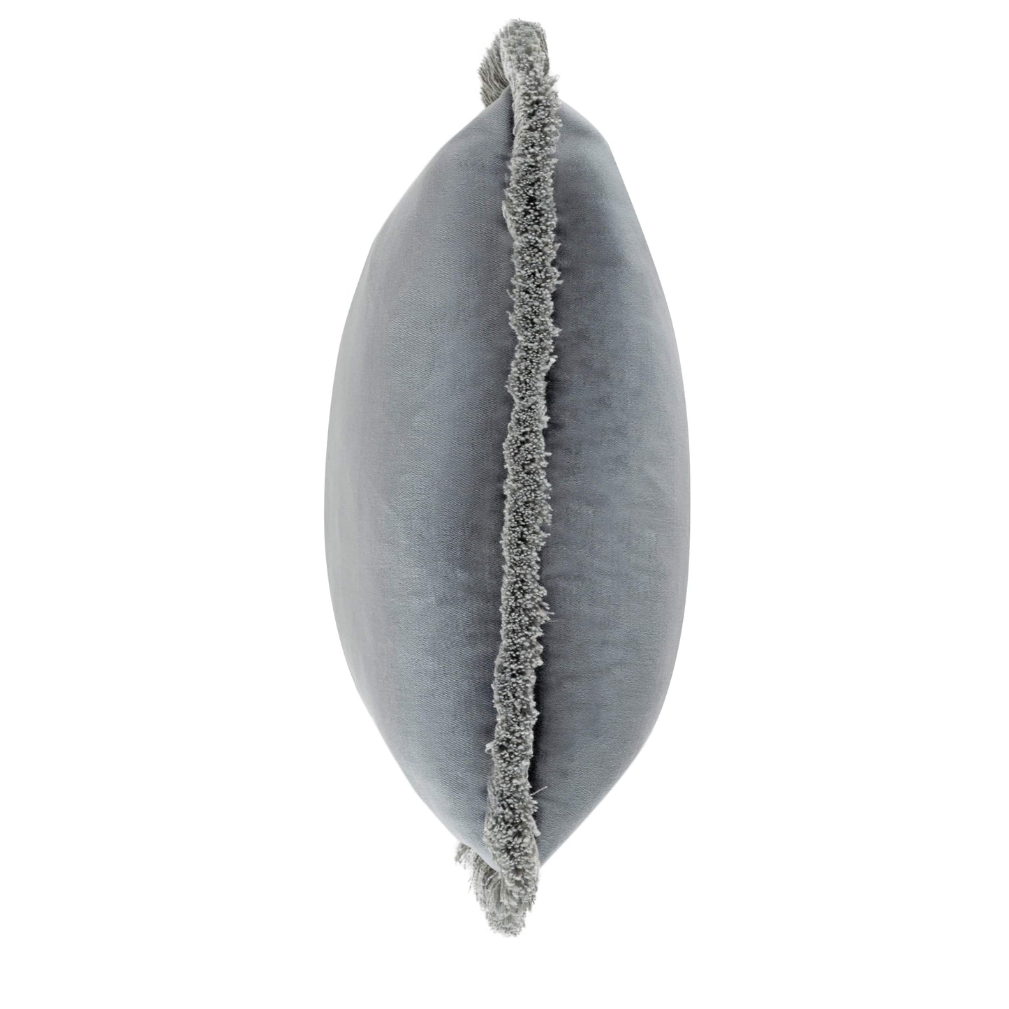 Slate blue decorative pillow with a textured edge on a white background