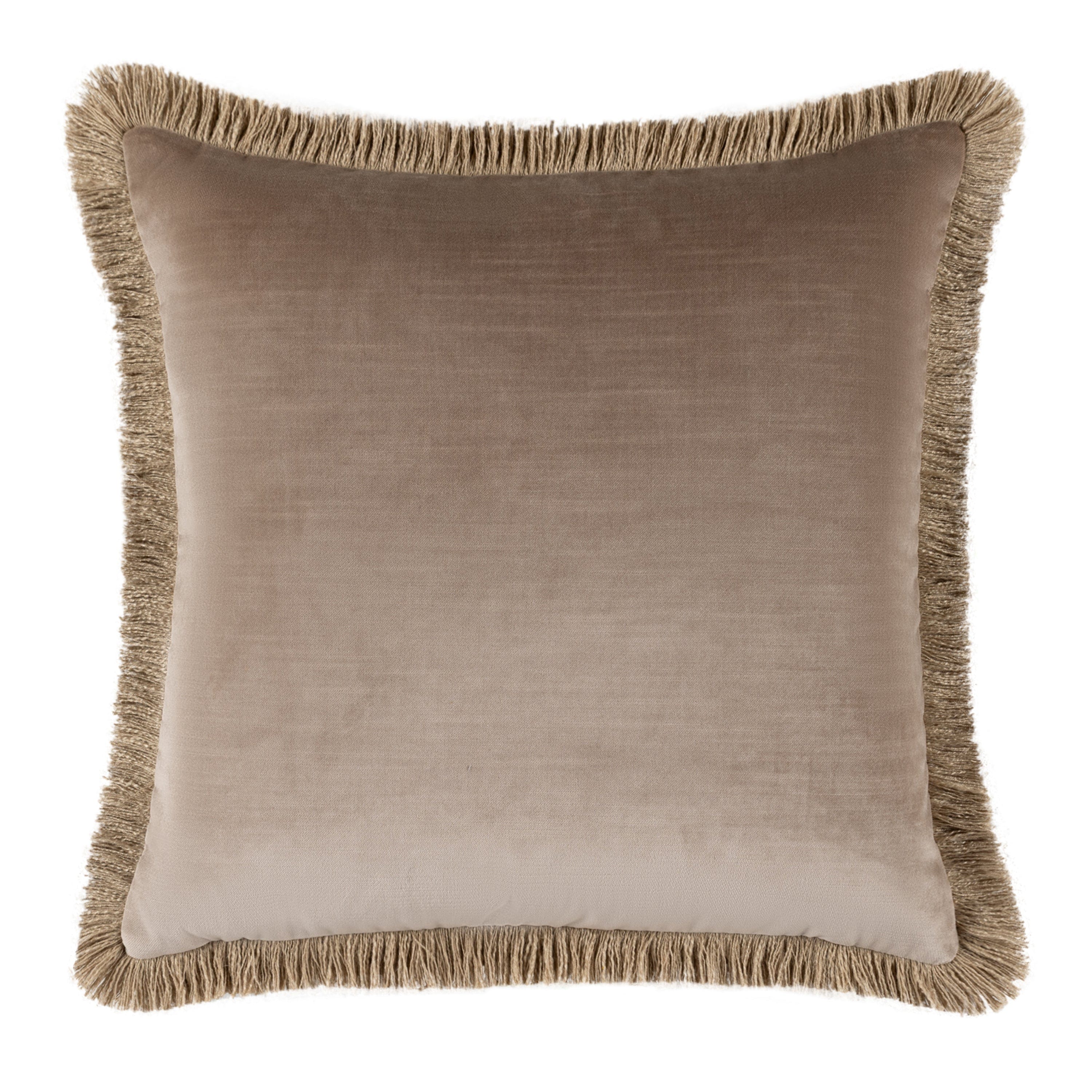 Taupe soft square pillow with frayed edges on a white background