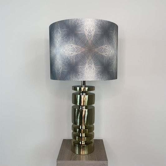 Elon Gold Table Lamp with Julia Clare Peacock Feather Linen in Warm Ash Blue