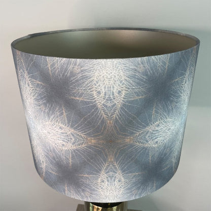 Elon Gold Table Lamp with Julia Clare Peacock Feather Linen in Warm Ash Blue