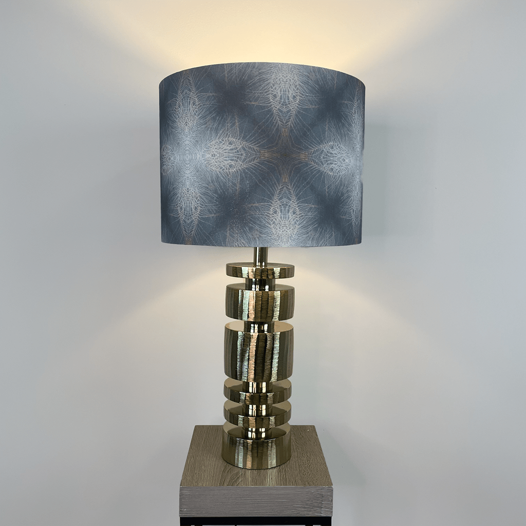 Elon Gold Table Lamp with Julia Clare Peacock Feather Linen in Warm Ash Blue