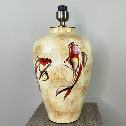 Emerayn Koi Natural Ceramic Table Lamp with Pleated Red Silk Tapered Shade