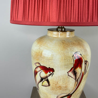 Emerayn Koi Natural Ceramic Table Lamp with Pleated Red Silk Tapered Shade