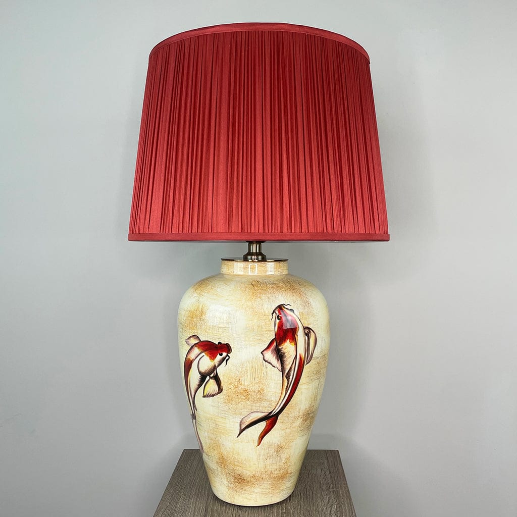 Emerayn Koi Natural Ceramic Table Lamp with Pleated Red Silk Tapered Shade