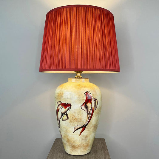 Emerayn Koi Natural Ceramic Table Lamp with Pleated Red Silk Tapered Shade