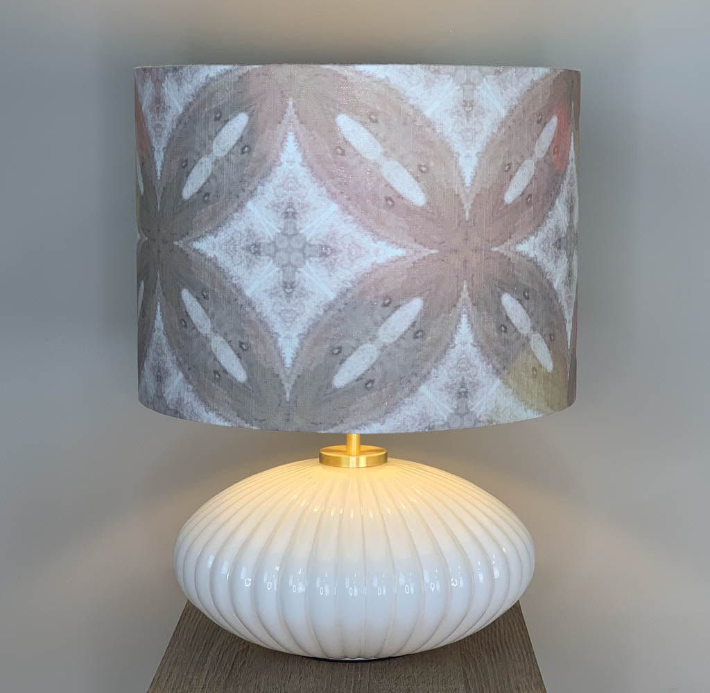 Emilia White Ribbed Glass & Gold Oval Table Lamp with Julia Clare's Ancient Tracery 2 Linen in Coral Shade
