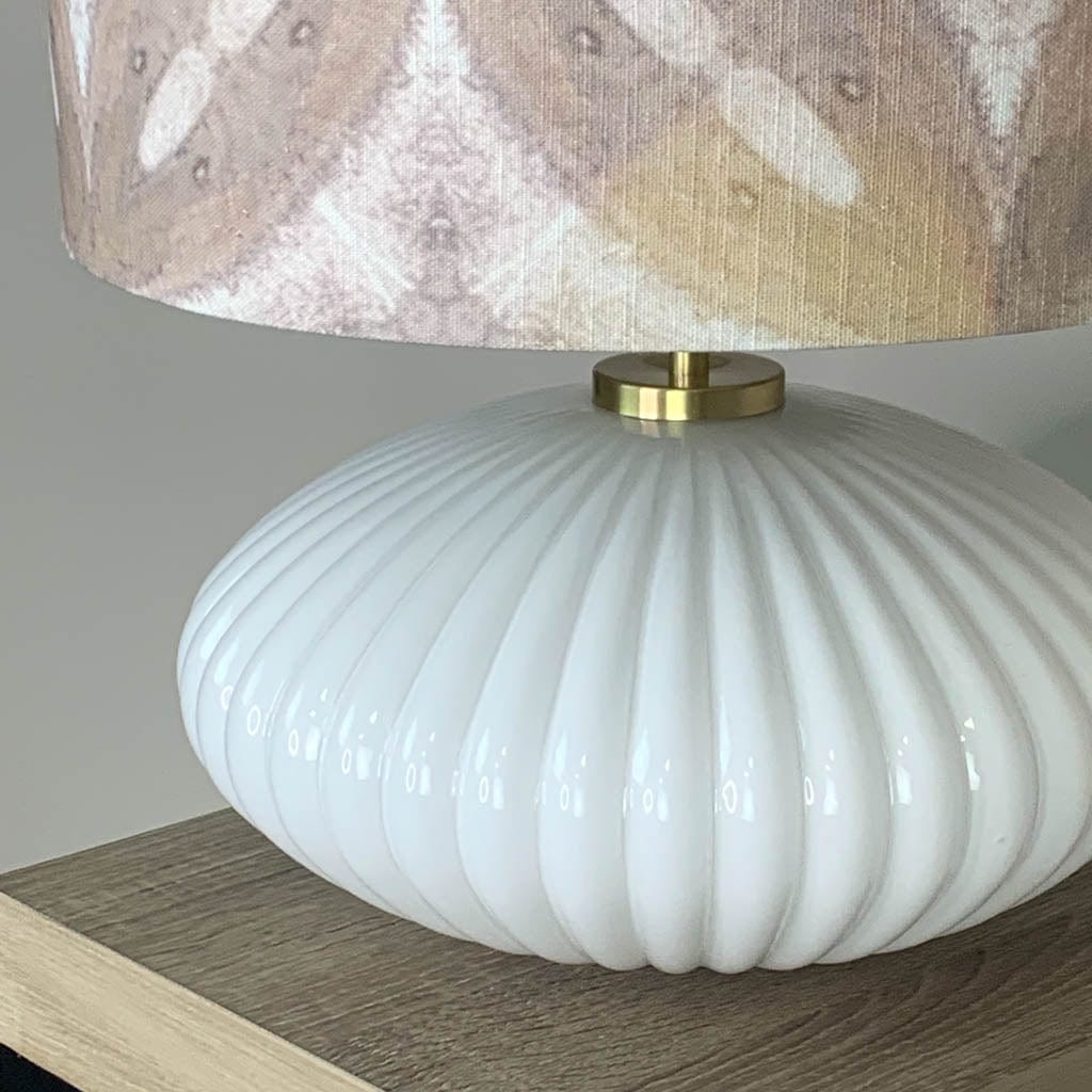 Emilia White Ribbed Glass & Gold Oval Table Lamp with Julia Clare's Ancient Tracery 2 Linen in Coral Shade