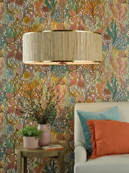 Fenella 8 Light Gold Leaf Pendant with Natural Seagrass Shade