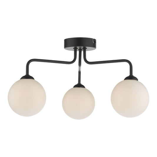 Feya 3 Light Matt Black Opal Glass Semi Flush Ceiling Light