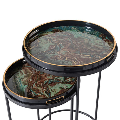 Set of 2 Green Glass Marble Effect Side Tables