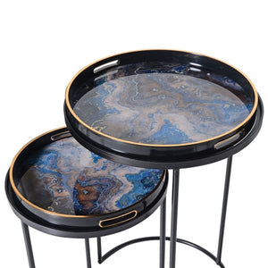 Set of 2 Blue Glass Marble Effect Side Table