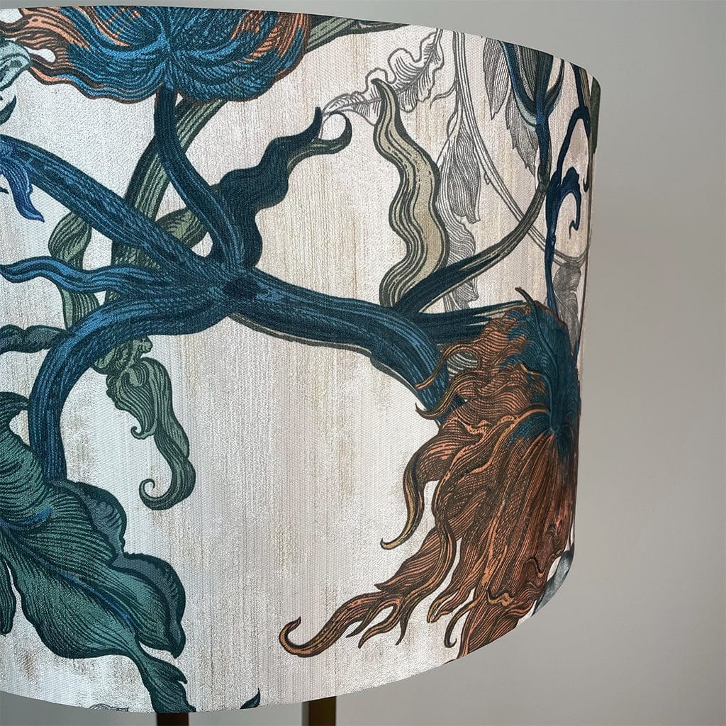 Fitzroy Gold Floor Lamp with Timorous Beasties Epic Botanic Blue Rust Shade