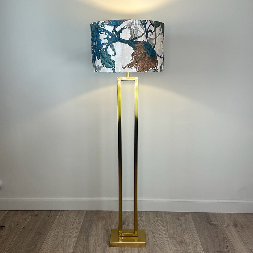 Fitzroy Gold Floor Lamp with Timorous Beasties Epic Botanic Blue Rust Shade
