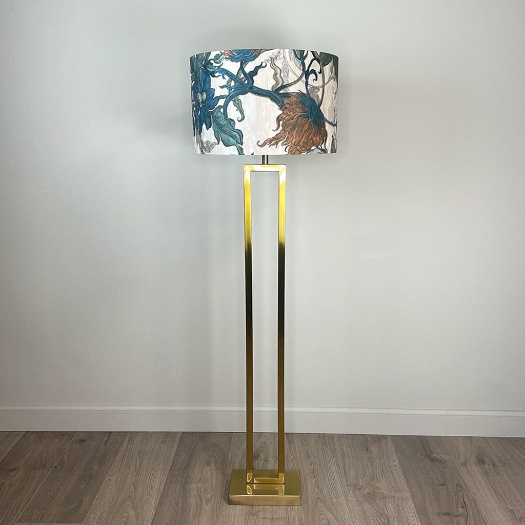 Fitzroy Gold Floor Lamp with Timorous Beasties Epic Botanic Blue Rust Shade