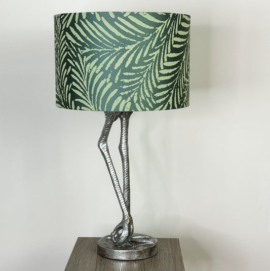 Flamingo Leg Antique Silver Table Lamp with Emerald Palm Lampshade