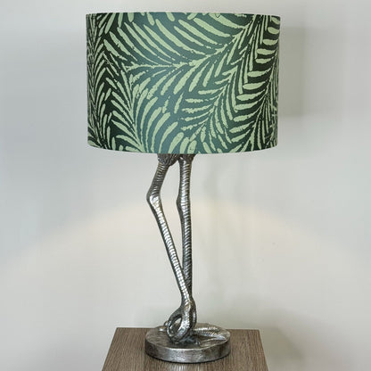 Flamingo Leg Antique Silver Table Lamp with Emerald Palm Lampshade