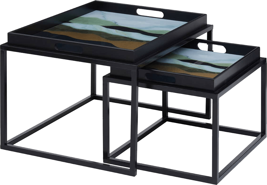 Set of two black nesting tables with decorative trays on a transparent background
