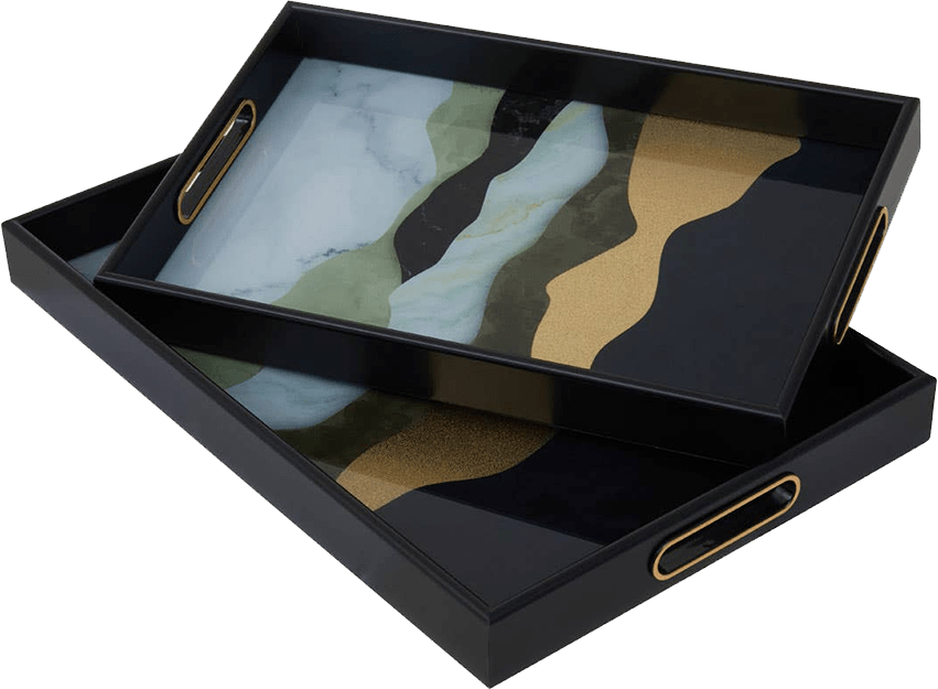 Black decorative tray with abstract pattern on a white background