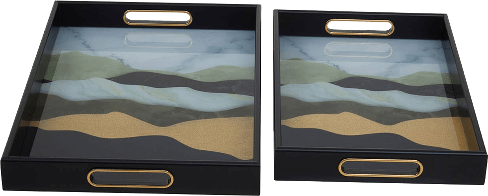 Two decorative trays with a landscape design and gold handles on a white background