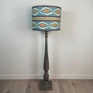 Grey Mango Wood Floor Lamp with Seafoam Ikat Lampshade
