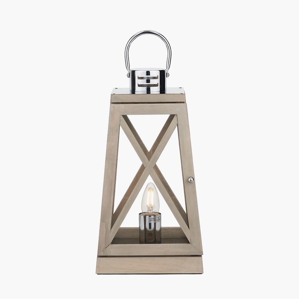 Grey Wood & Chrome Lantern Table Lamp