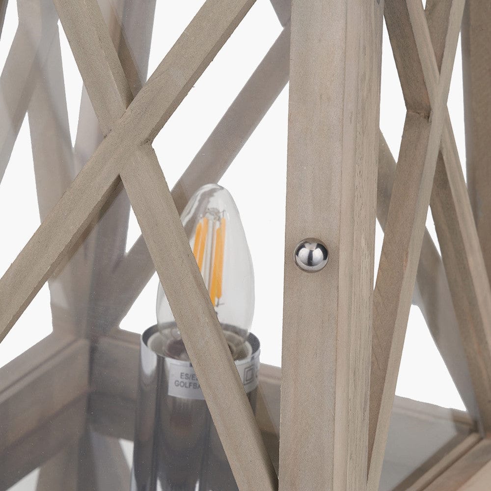Grey Wood & Chrome Lantern Table Lamp