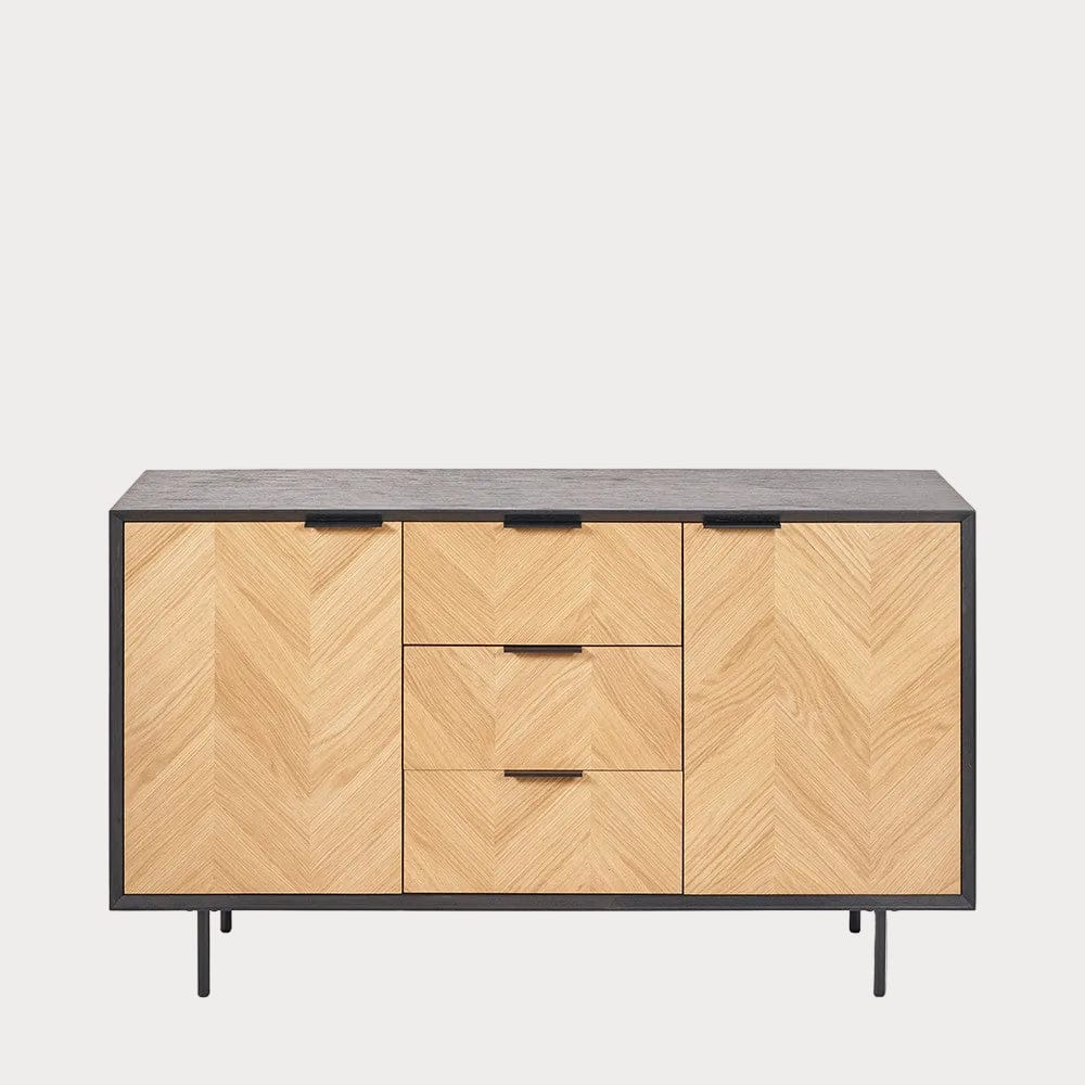 Wooden sideboard with chevron pattern on a white background