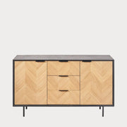Wooden sideboard with chevron pattern on a white background