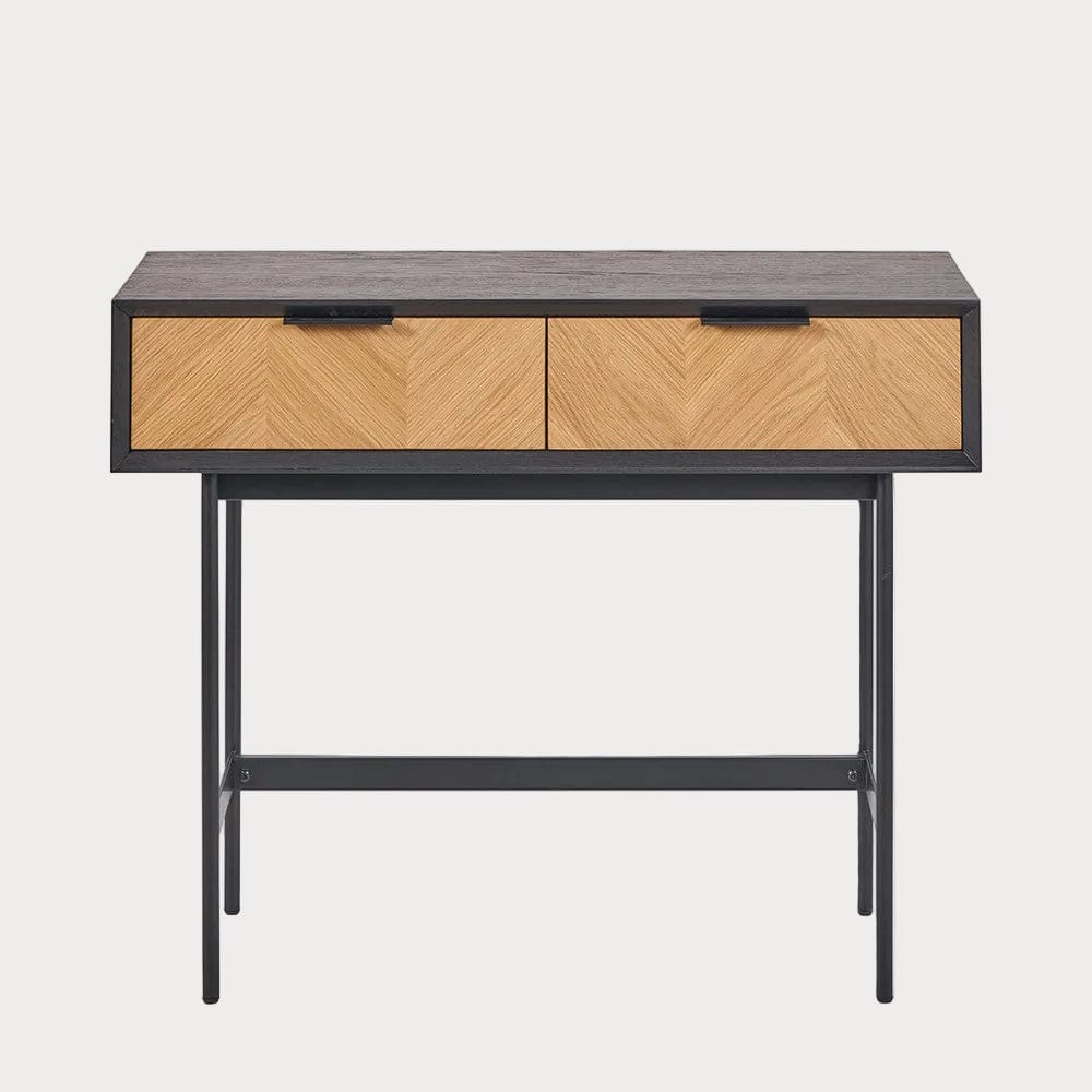 Small wooden console with two drawers on a white background