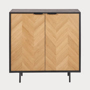 Wooden cabinet with chevron pattern on doors and black frame and legs on a white background
