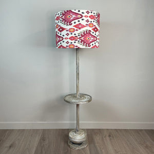 Hemi Vintage Grey Wood Floor Lamp with Pink Ikat Lampshade