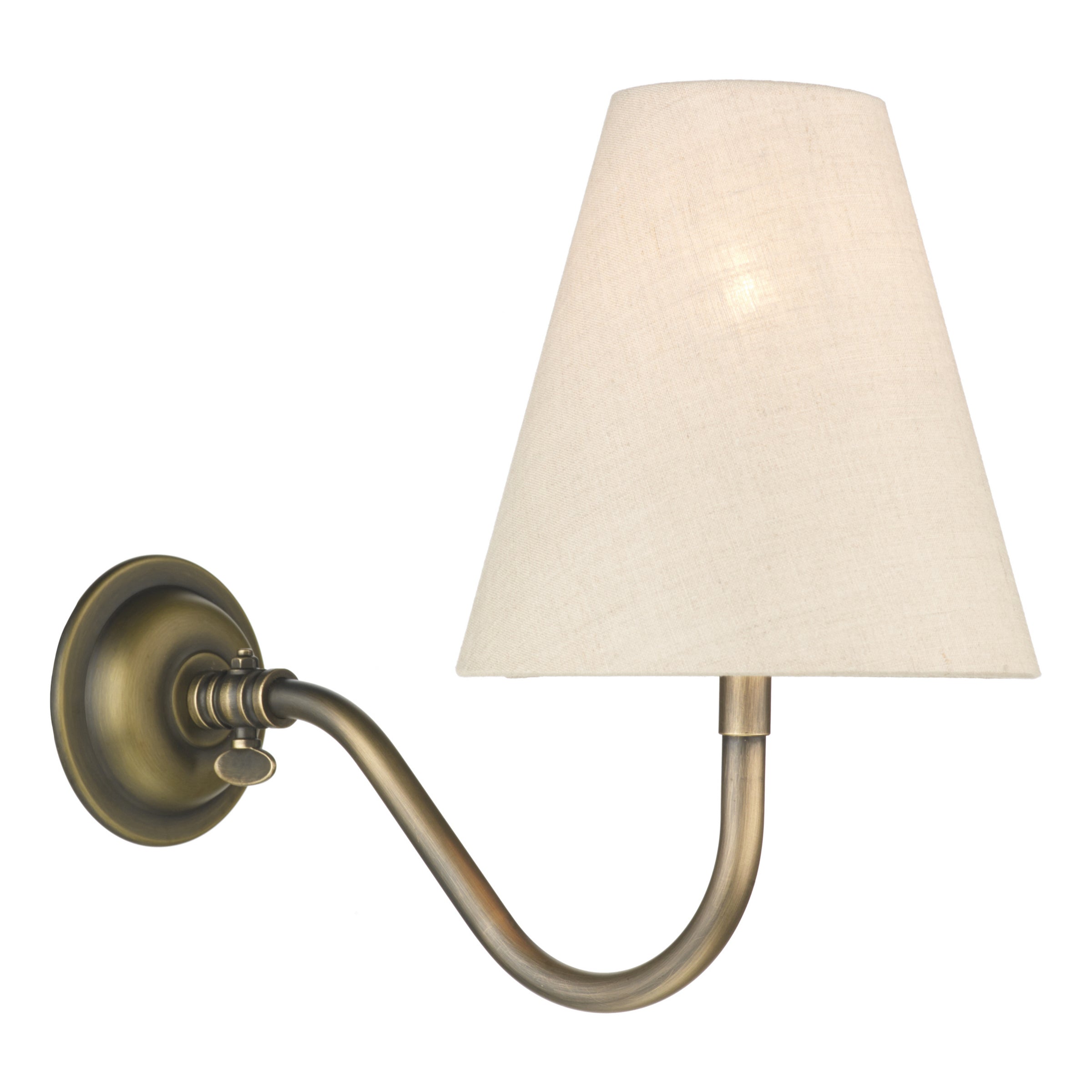 Wall-mounted lamp with a beige linen shade on a white background