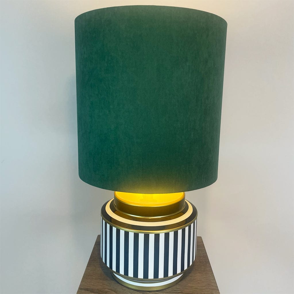 Humbug Black & White Stripe Small Ceramic Table Lamp with Tall Emerald Green Recycled Fabric Shade