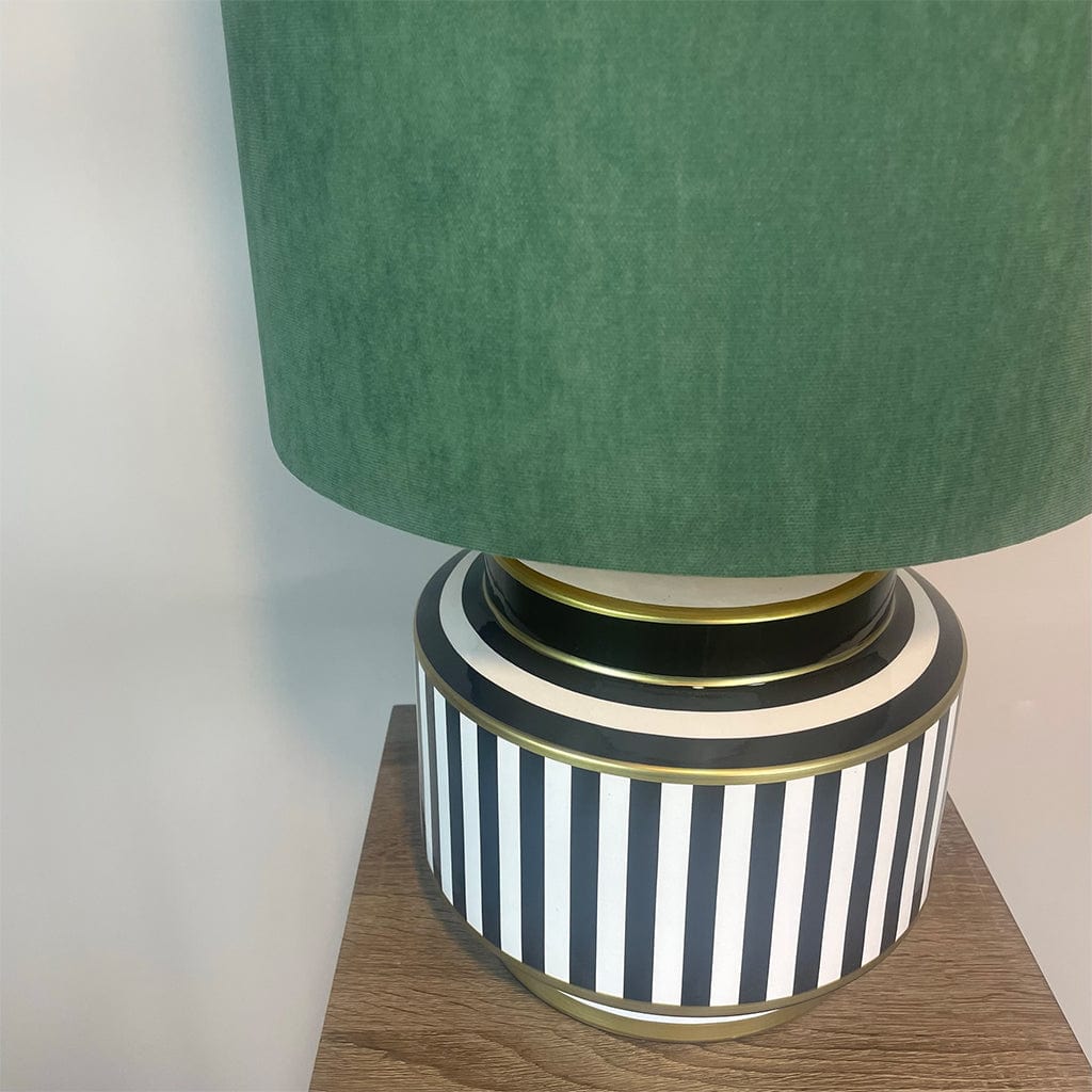 Humbug Black & White Stripe Small Ceramic Table Lamp with Tall Emerald Green Recycled Fabric Shade