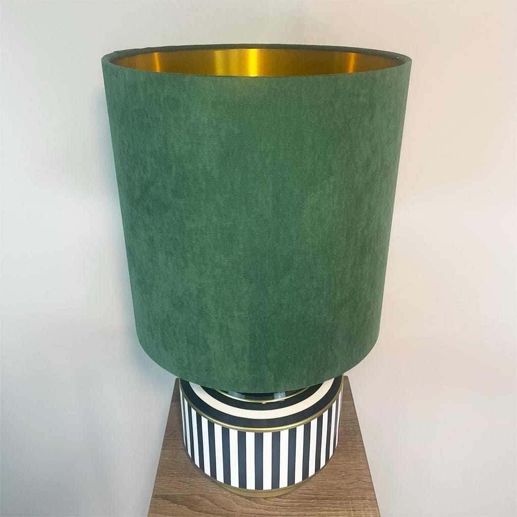 Humbug Black & White Stripe Small Ceramic Table Lamp with Tall Emerald Green Recycled Fabric Shade