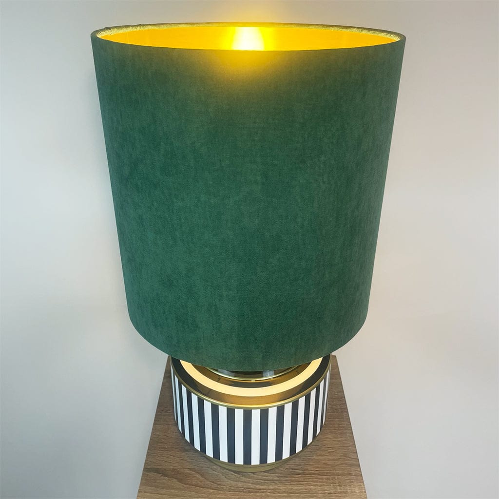 Humbug Black & White Stripe Small Ceramic Table Lamp with Tall Emerald Green Recycled Fabric Shade