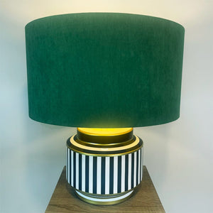 Humbug Black & White Stripe Small Ceramic Table Lamp with Emerald Green Recycled Fabric Drum Shade