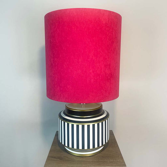 Humbug Black & White Stripe Small Ceramic Table Lamp with Tall Fuchsia Pink Recycled Fabric Shade