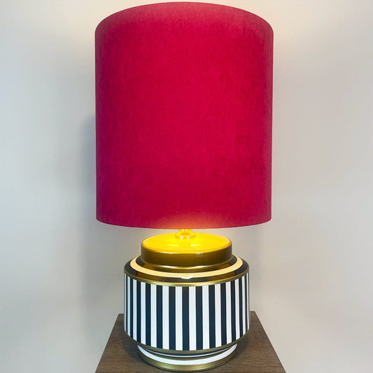 Humbug Black & White Stripe Small Ceramic Table Lamp with Tall Fuchsia Pink Recycled Fabric Shade