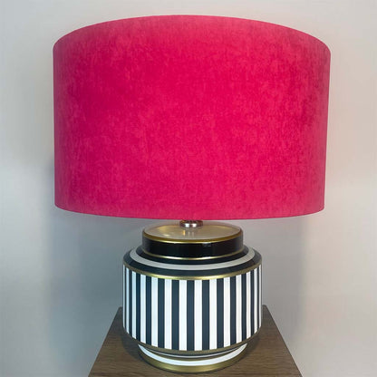 Humbug Black & White Stripe Small Ceramic Table Lamp with Fuchsia Pink Recycled Fabric Drum Shade