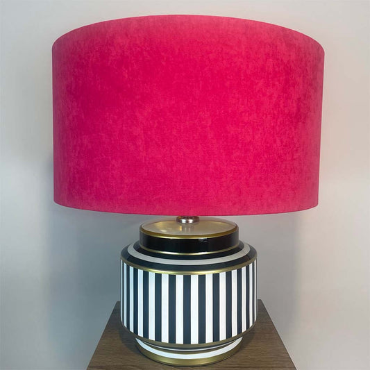 Humbug Black & White Stripe Small Ceramic Table Lamp with Fuchsia Pink Recycled Fabric Drum Shade