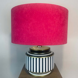Humbug Black & White Stripe Small Ceramic Table Lamp with Fuchsia Pink Recycled Fabric Drum Shade