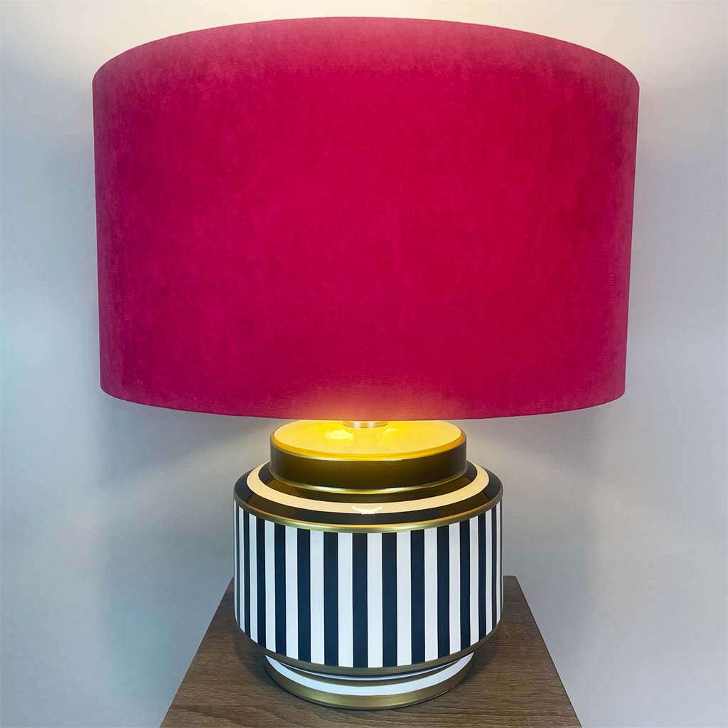 Humbug Black & White Stripe Small Ceramic Table Lamp with Fuchsia Pink Recycled Fabric Drum Shade