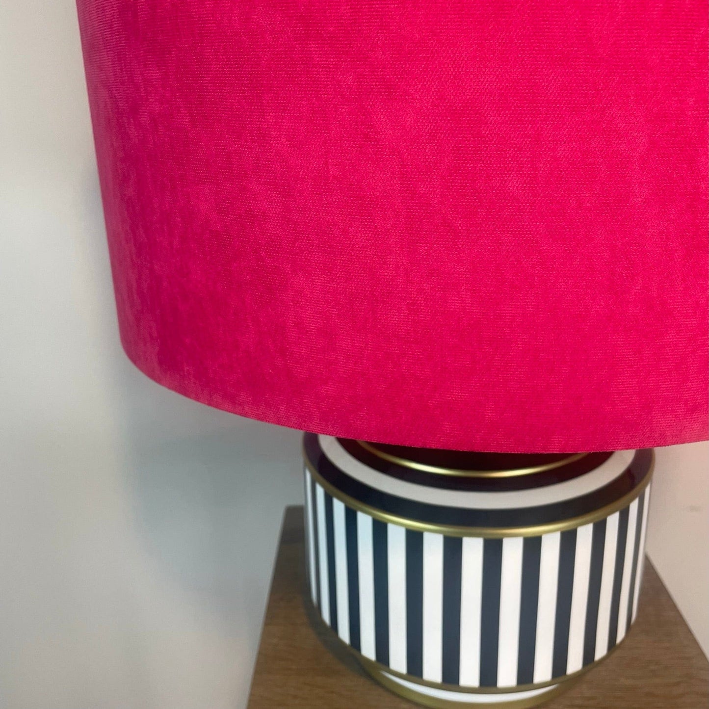 Humbug Black & White Stripe Small Ceramic Table Lamp with Fuchsia Pink Recycled Fabric Drum Shade