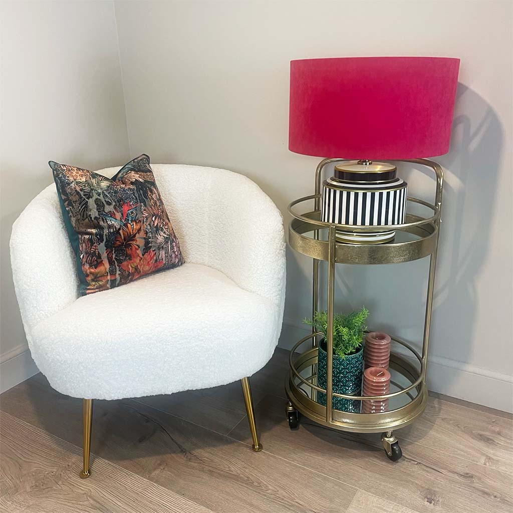 Humbug Black & White Stripe Small Ceramic Table Lamp with Fuchsia Pink Recycled Fabric Drum Shade