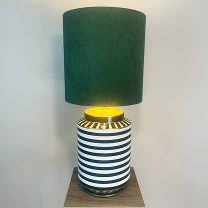 Humbug Black & White Stripe Tall Ceramic Table Lamp with Tall Emerald Green Recycled Fabric Shade