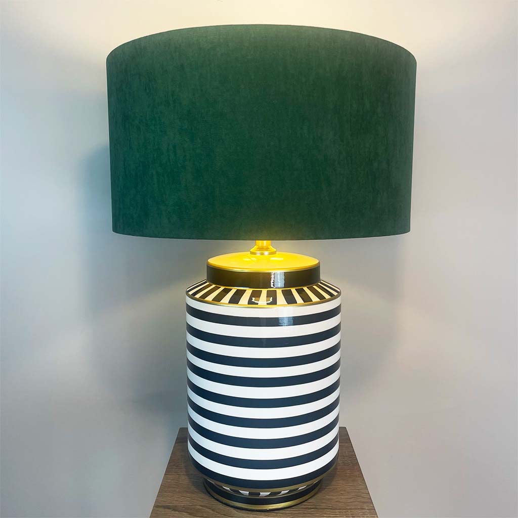 Humbug Black & White Stripe Tall Ceramic Table Lamp with Emerald Green Recycled Fabric Drum Shade