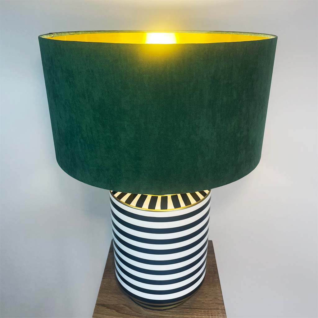 Humbug Black & White Stripe Tall Ceramic Table Lamp with Emerald Green Recycled Fabric Drum Shade