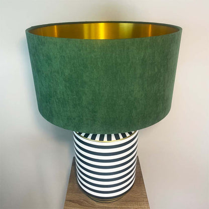 Humbug Black & White Stripe Tall Ceramic Table Lamp with Emerald Green Recycled Fabric Drum Shade